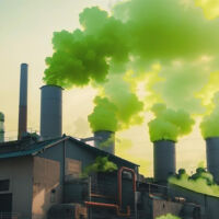 Fábricas liberando gas verde como símbolo de greenwashing