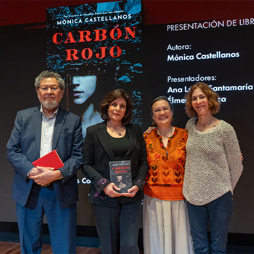 Ana Laura Santamaría, Élmer Mendoza, y la editora de Hachette Literatura María Fernanda Álvarez, presentan Carbón rojo, de Mónica Castellanos 