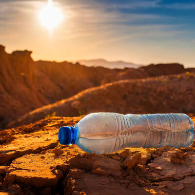 Botella de agua en el desierto