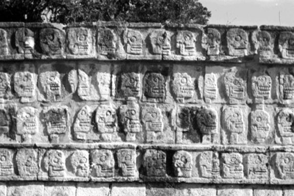 Craneos tallados en una pared de Tenochtitlan