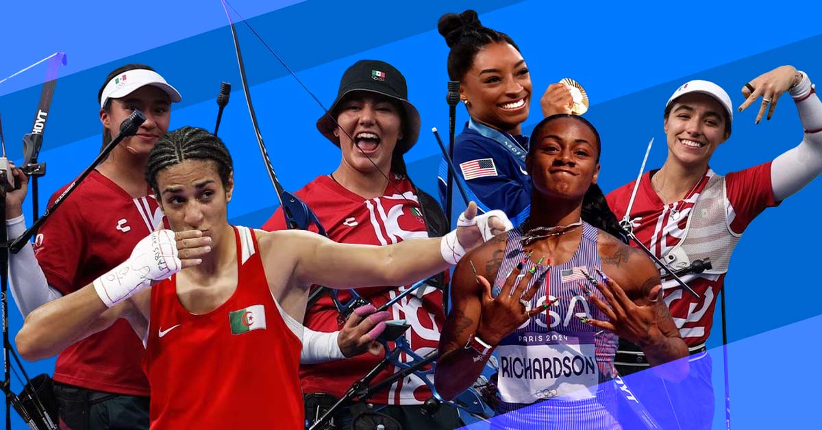 Mujeres deportistas de los Juegos Olimpicos Simone Biles, Alejandra Valencia, Ana Paula Vázquez y Ángela Ruiz, Imane Khelif