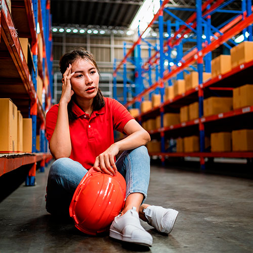 Trabajador de bodega triste y estresada por su trabajo